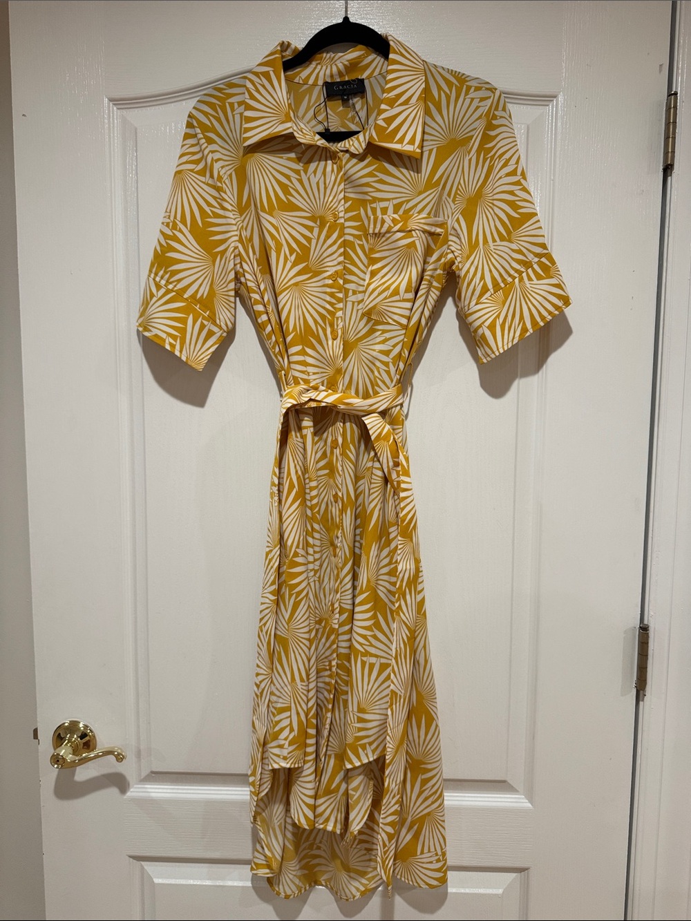Gracia Yellow and White Palm-Print Belted Dress